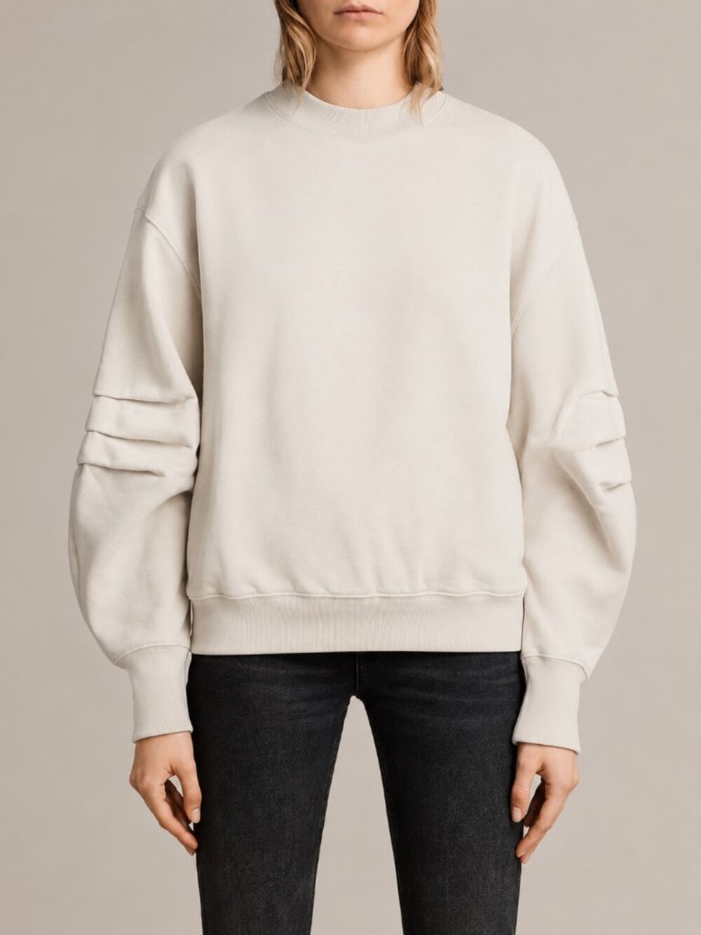 AllSaints Violet Crew Sweatshirt — Size L — Ruched Bell Sleeves